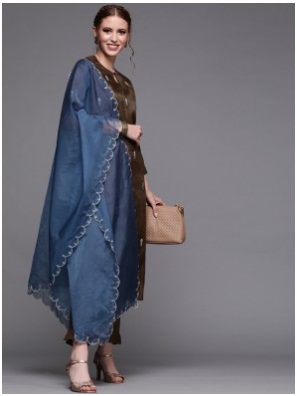 Women Brown & Blue Embroidered Silk Blend Kurta with Trousers & Dupatta